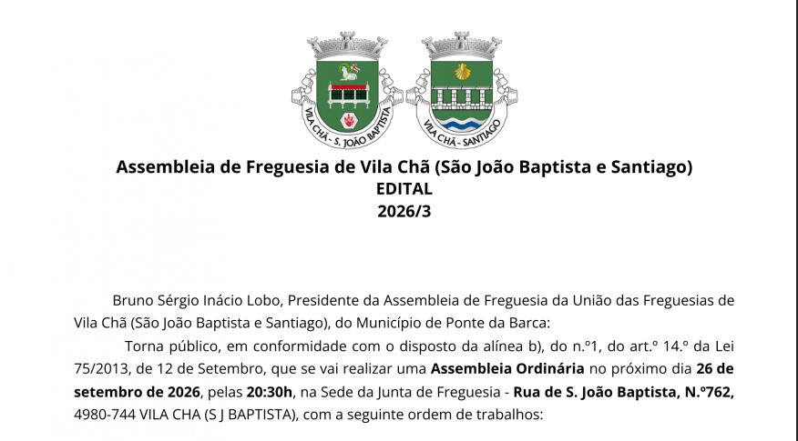 Reuni&atilde;o Ordin&aacute;ria - Assembleia de Freguesia